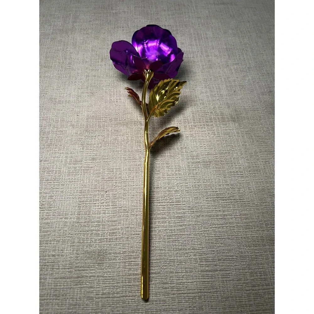 24K Golden Rose Purple Metal Flower Stem 12 Inch Artificial Gift Decor Romantic